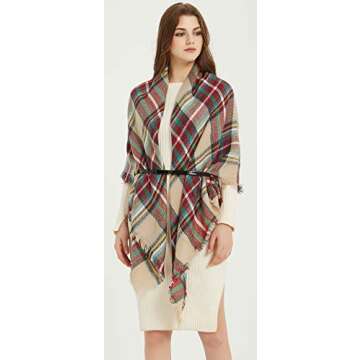 Women's Fall Winter Scarf Classic Tassel Plaid Tartan Scarf Warm Soft Chunky Large Blanket Wrap Shawl Scarves Christmas Red Green Beige