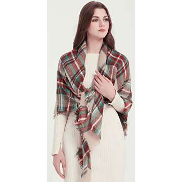 Women's Fall Winter Scarf Classic Tassel Plaid Tartan Scarf Warm Soft Chunky Large Blanket Wrap Shawl Scarves Christmas Red Green Beige