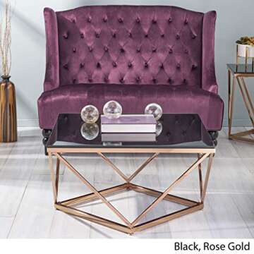 Great Deal Furniture Modern Glam Tempered Glass and Stainless Steel Coffee Table, Black and Rose Gold