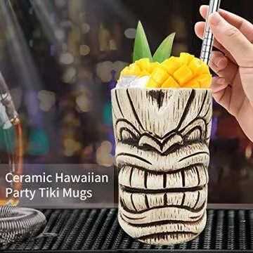 LINALL Tiki Mugs - Durable Ceramic Cocktail Mug for Parties