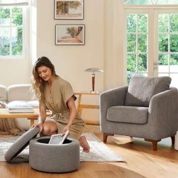 COLAMY Sherpa Accent Chair with Storage Ottoman Set, Upholstered Barrel Arm Chair with Footrest, Mod...