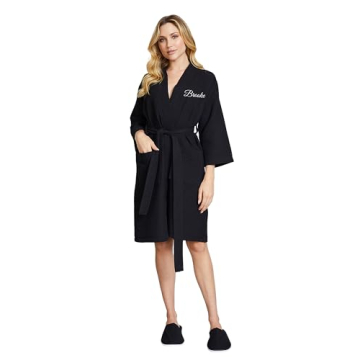 Lotus Linen Lightweight Waffle Kimono Knee Length Black Robe for Women - Customized Cotton Spa Bathr...