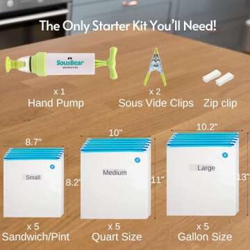 Sous Vide Bags with Pump, 15 Bags pt, qt, gal Reusable Vacuum Seal Bags for Food, 2 Clips, Commercial Grade, Heavy Duty, BPA Free, Great for vac storage and sous vide cooking