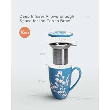 immaculife Tea Cup with Infuser and Lid - Tea Mug with Lid for Steeping Loose Leaf Coffee Milk Women Office Home Gift 16oz Navy Flower
