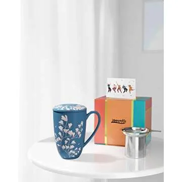 immaculife Tea Cup with Infuser and Lid - Tea Mug with Lid for Steeping Loose Leaf Coffee Milk Women Office Home Gift 16oz Navy Flower