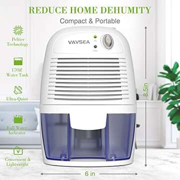 VAVSEA Small Electric Dehumidifier, 1200 Cubic Feet (215 sq ft) Portable Mini Dehumidifier Quiet Use...