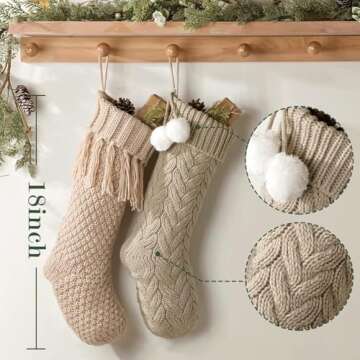 Pawliss Christmas Stockings: 4 Pack 18 Inch Cable Knit Fireplace Stockings, Cozy Hanging Xmas Stocki...