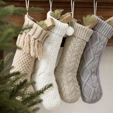 Pawliss Christmas Stockings: 4 Pack 18 Inch Cable Knit Fireplace Stockings, Cozy Hanging Xmas Stockings Boho Farmhouse Knitted Stocking Decorations for Family Holiday Décor, White Gray Beige