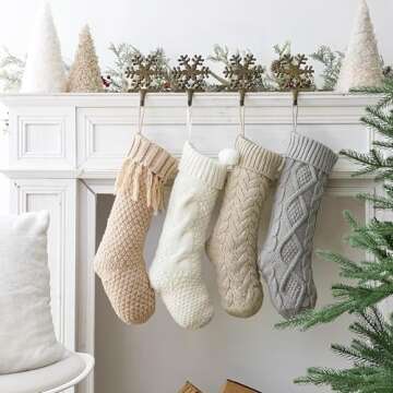 Pawliss Christmas Stockings: 4 Pack 18 Inch Cable Knit Fireplace Stockings, Cozy Hanging Xmas Stockings Boho Farmhouse Knitted Stocking Decorations for Family Holiday Décor, White Gray Beige