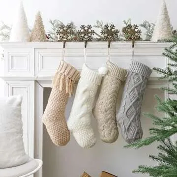 Pawliss Christmas Stockings: 4 Pack 18 Inch Cable Knit Fireplace Stockings, Cozy Hanging Xmas Stockings Boho Farmhouse Knitted Stocking Decorations for Family Holiday Décor, White Gray Beige