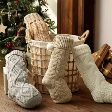 Pawliss Christmas Stockings: 4 Pack 18 Inch Cable Knit Fireplace Stockings, Cozy Hanging Xmas Stockings Boho Farmhouse Knitted Stocking Decorations for Family Holiday Décor, White Gray Beige