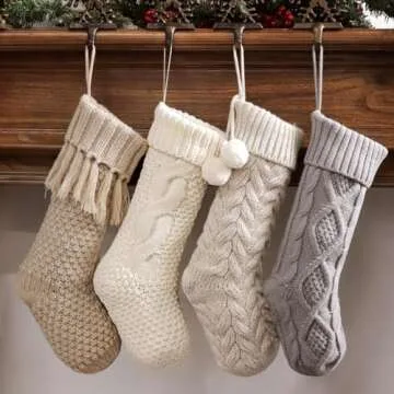 Pawliss Christmas Stockings: 4 Pack 18 Inch Cable Knit Fireplace Stockings, Cozy Hanging Xmas Stockings Boho Farmhouse Knitted Stocking Decorations for Family Holiday Décor, White Gray Beige
