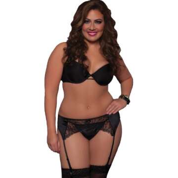 Seven Til Midnight Women's Stretch Satin and Lace Garter Belt Plus, Black, 3-4X