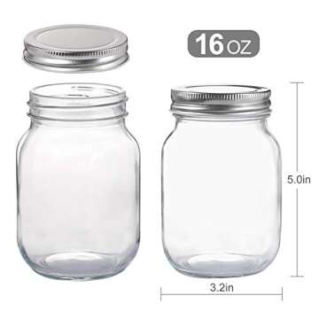 YINGERHUAN Glass Regular Mouth Mason Jars, 16 oz Clear Glass Jars with Silver Metal Lids for Sealing...