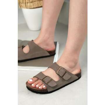 Project Cloud Genuine Leather Flat Sandals Beach Essentials Womens Sandals Memory Foam Vacation Essentials Slides for Women Footwear (Venita, greysu, 6)