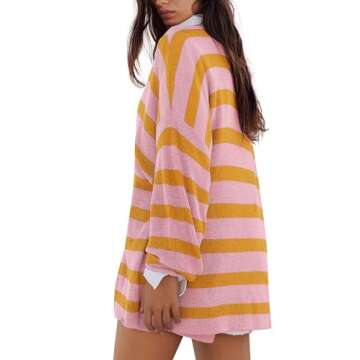 Panadila Womens Striped Sweater Set Oversized Lounge Sets Matching Pajamas Long Sleeve Sweater Top and Shorts (Light Yellow Pink,M)