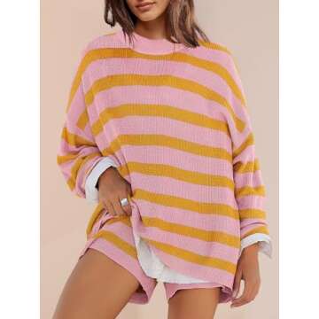 Panadila Womens Striped Sweater Set Oversized Lounge Sets Matching Pajamas Long Sleeve Sweater Top and Shorts (Light Yellow Pink,M)