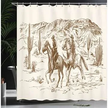 Ambesonne Western Shower Curtain, Country Theme Hand Drawn Illustration of American Wild West Desert with Cowboys, Cloth Fabric Bathroom Decor Set with Hooks, 69" W x 70" L, Umber Cream
