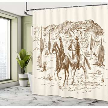Ambesonne Western Shower Curtain, Country Theme Hand Drawn Illustration of American Wild West Desert with Cowboys, Cloth Fabric Bathroom Decor Set with Hooks, 69" W x 70" L, Umber Cream