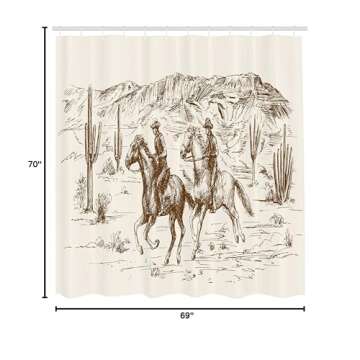 Ambesonne Western Shower Curtain, Country Theme Hand Drawn Illustration of American Wild West Desert with Cowboys, Cloth Fabric Bathroom Decor Set with Hooks, 69" W x 70" L, Umber Cream