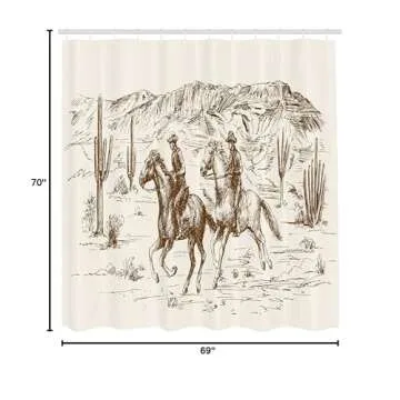 Ambesonne Western Shower Curtain, Country Theme Hand Drawn Illustration of American Wild West Desert with Cowboys, Cloth Fabric Bathroom Decor Set with Hooks, 69" W x 70" L, Umber Cream