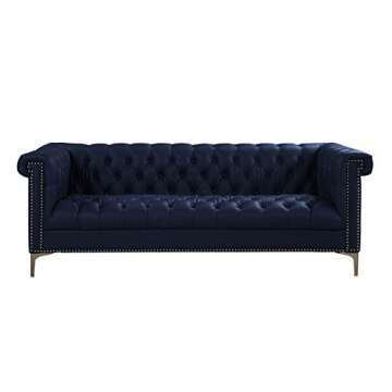 Iconic Home Gold Navy Blue Winston PU Button Tufted with Nail head Trim Tone Metal Sofa,FSA2571-AN