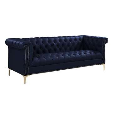 Iconic Home Gold Navy Blue Winston PU Button Tufted with Nail head Trim Tone Metal Sofa,FSA2571-AN