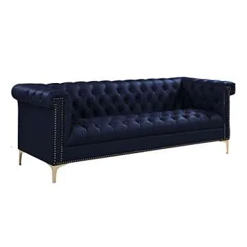 Iconic Home Gold Navy Blue Winston PU Button Tufted with Nail head Trim Tone Metal Sofa,FSA2571-AN