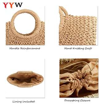 Straw Bags for Women,Hand-woven Straw Large Rattan Bag Round Handle Ring Tote Retro Summer Beach Rattan Bag
