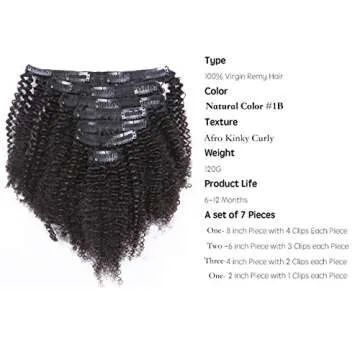 Afro Kinky Curly Clip in Human Remy Hair Extensions Brazilian Curly Clips Hair Extensions 4B 4C 8A Virgin Thick Natural Black Color Clip on For Black Women 10-22 inch (10 inch, AC #1B)