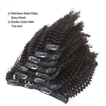 Afro Kinky Curly Clip in Human Remy Hair Extensions Brazilian Curly Clips Hair Extensions 4B 4C 8A Virgin Thick Natural Black Color Clip on For Black Women 10-22 inch (10 inch, AC #1B)