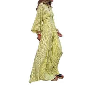 ZOCANIA Evening Maxi Dresses for Women Batwing Sleeve V Neck High Waist Pleated Maxi Dress Geometry ...