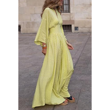 ZOCANIA Evening Maxi Dresses for Women Batwing Sleeve V Neck High Waist Pleated Maxi Dress Geometry Print Long Sleeve Large Hem Flowy Fall Swing Dress Formal Cocktail Party Dress Beige