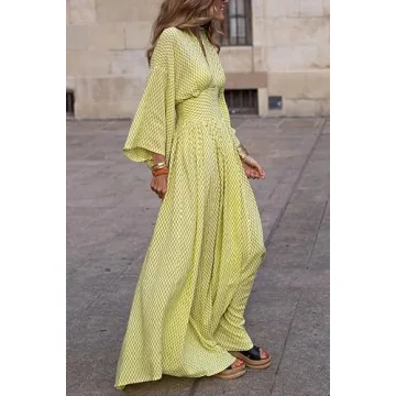 ZOCANIA Evening Maxi Dresses for Women Batwing Sleeve V Neck High Waist Pleated Maxi Dress Geometry Print Long Sleeve Large Hem Flowy Fall Swing Dress Formal Cocktail Party Dress Beige