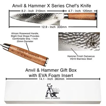 Anvil & Hammer Professional Chef Knife - 8” Damascus Blade