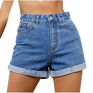 Plus Size Athletic Shorts Women's High Waisted Denim Shorts Folded Hem Short Jeans Straight Fit Shorts Summer Stretchy Jean Shorts Blue S