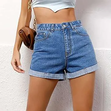 Plus Size Athletic Shorts Women's High Waisted Denim Shorts Folded Hem Short Jeans Straight Fit Shorts Summer Stretchy Jean Shorts Blue S