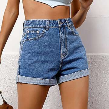 Plus Size Athletic Shorts Women's High Waisted Denim Shorts Folded Hem Short Jeans Straight Fit Shorts Summer Stretchy Jean Shorts Blue S