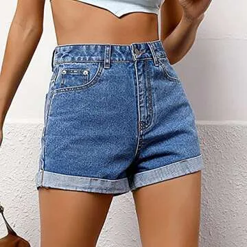 Plus Size Athletic Shorts Women's High Waisted Denim Shorts Folded Hem Short Jeans Straight Fit Shorts Summer Stretchy Jean Shorts Blue S