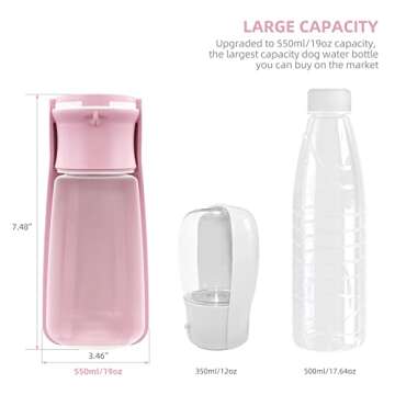 SOICTA Portable Dog Water Bottle for Walking 19 OZ or 12 OZ Portable Pet Water Bottles for Puppy Small Medium Large Dogs Water Dispenser Dog Water Bowl Dog Accessories(19OZ Pink)