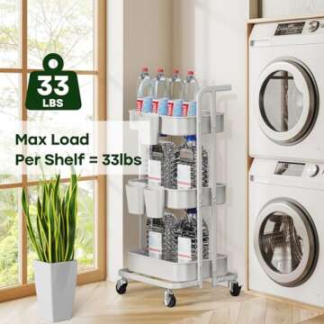 DTK 3 Tier Foldable Rolling Cart, Metal Utility Cart with Lockable Wheels, Folding Storage Trolley, 3 Small Baskets and 6 Hooks for Living Room, Kitchen, Bathroom, Bedroom and Office, White