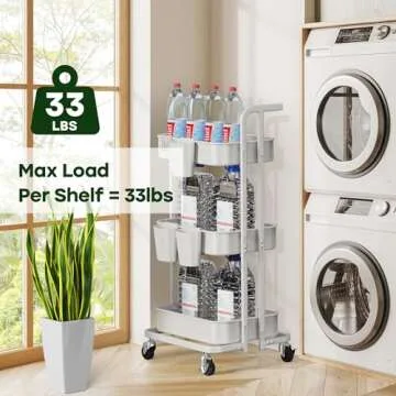 DTK 3 Tier Foldable Rolling Cart, Metal Utility Cart with Lockable Wheels, Folding Storage Trolley, 3 Small Baskets and 6 Hooks for Living Room, Kitchen, Bathroom, Bedroom and Office, White