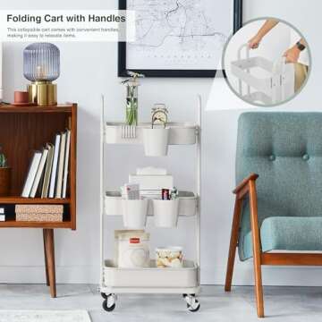 DTK 3 Tier Foldable Rolling Cart, Metal Utility Cart with Lockable Wheels, Folding Storage Trolley, 3 Small Baskets and 6 Hooks for Living Room, Kitchen, Bathroom, Bedroom and Office, White