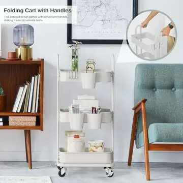 DTK 3 Tier Foldable Rolling Cart, Metal Utility Cart with Lockable Wheels, Folding Storage Trolley, 3 Small Baskets and 6 Hooks for Living Room, Kitchen, Bathroom, Bedroom and Office, White