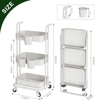 DTK 3 Tier Foldable Rolling Cart, Metal Utility Cart with Lockable Wheels, Folding Storage Trolley, 3 Small Baskets and 6 Hooks for Living Room, Kitchen, Bathroom, Bedroom and Office, White