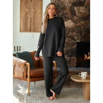 LILLUSORY 2 Piece Outfits for Women 2024 Fall Fashion Oversized Striped Sweaters Sets Cozy Lounge Sets Knit Clothes Black L