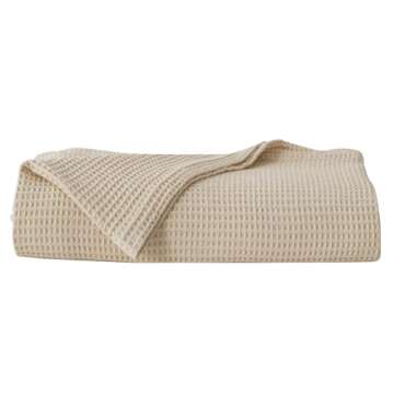 100% Cotton Blanket for King Size Bed - Tan Waffle Weave Lightweight Summer Bed Blanket - 102x90in Prewashed Breathable, Woven, Layering Blanket (King, Oatmeal)