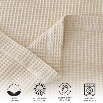 100% Cotton Blanket for King Size Bed - Tan Waffle Weave Lightweight Summer Bed Blanket - 102x90in Prewashed Breathable, Woven, Layering Blanket (King, Oatmeal)