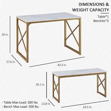 VECELO Kitchen Table with 2 Benches for 4, Wood Dining Room Dinette Sets with Metal Frame for Breakf...