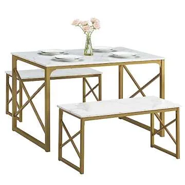 VECELO Kitchen Table with 2 Benches for 4, Wood Dining Room Dinette Sets with Metal Frame for Breakfast Nook and Small Space
